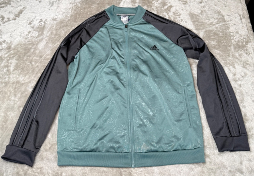 Adidas Originals Green Floral Print Dark Gray Three Stripe Track Jacket Wmns XL
